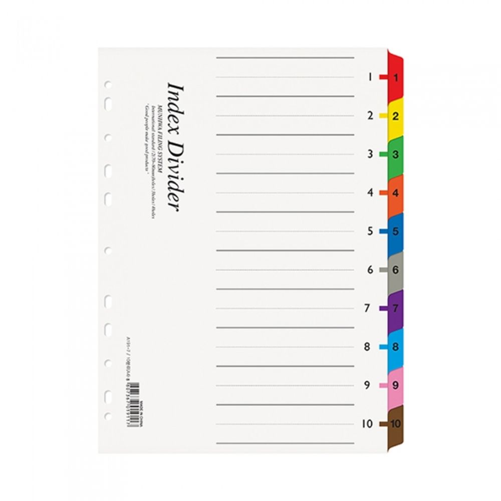 Munhwa File A191-7 Premium A4 10-Tab Art Paper Index Dividers with Writable Multi Color Tabs for Standard Document Classification